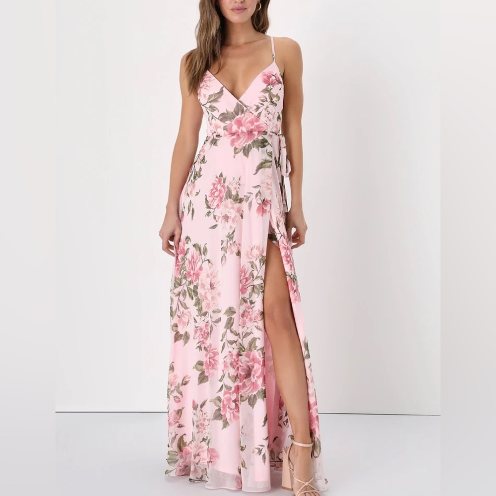 Lulu’s Pink Floral Print Sleeveless Wrap Maxi Dress